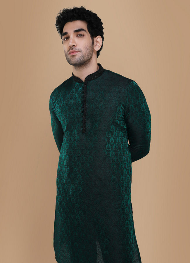 Emerald Green Jacquard Kurta Set image number 0